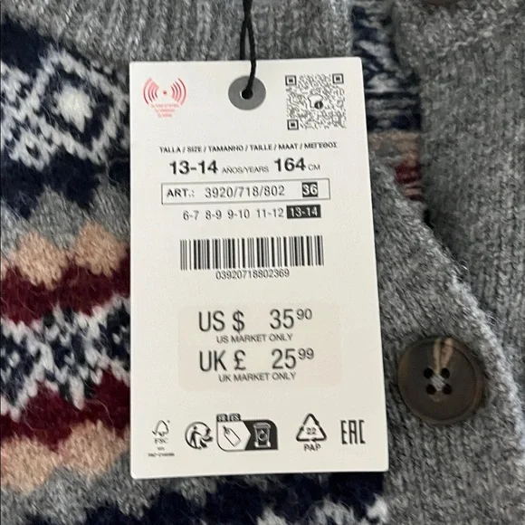 Zara girls button up argyle sweater size 13-14 - Picture 2 of 3
